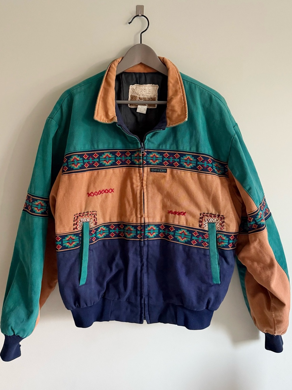 VINTAGE Cripple Creek by Circles Aztec trim canvas bomber jacket retro 90’s